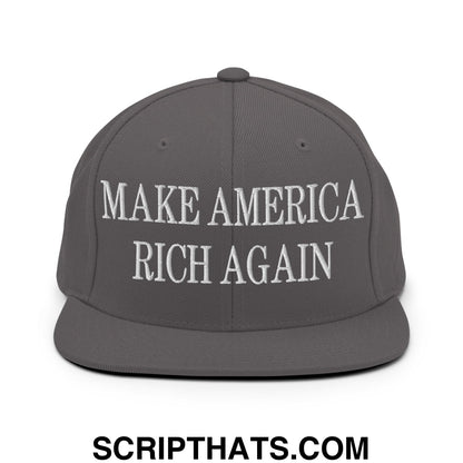 Gray snapback hat with white embroidered make america rich again text and flat bill brim design