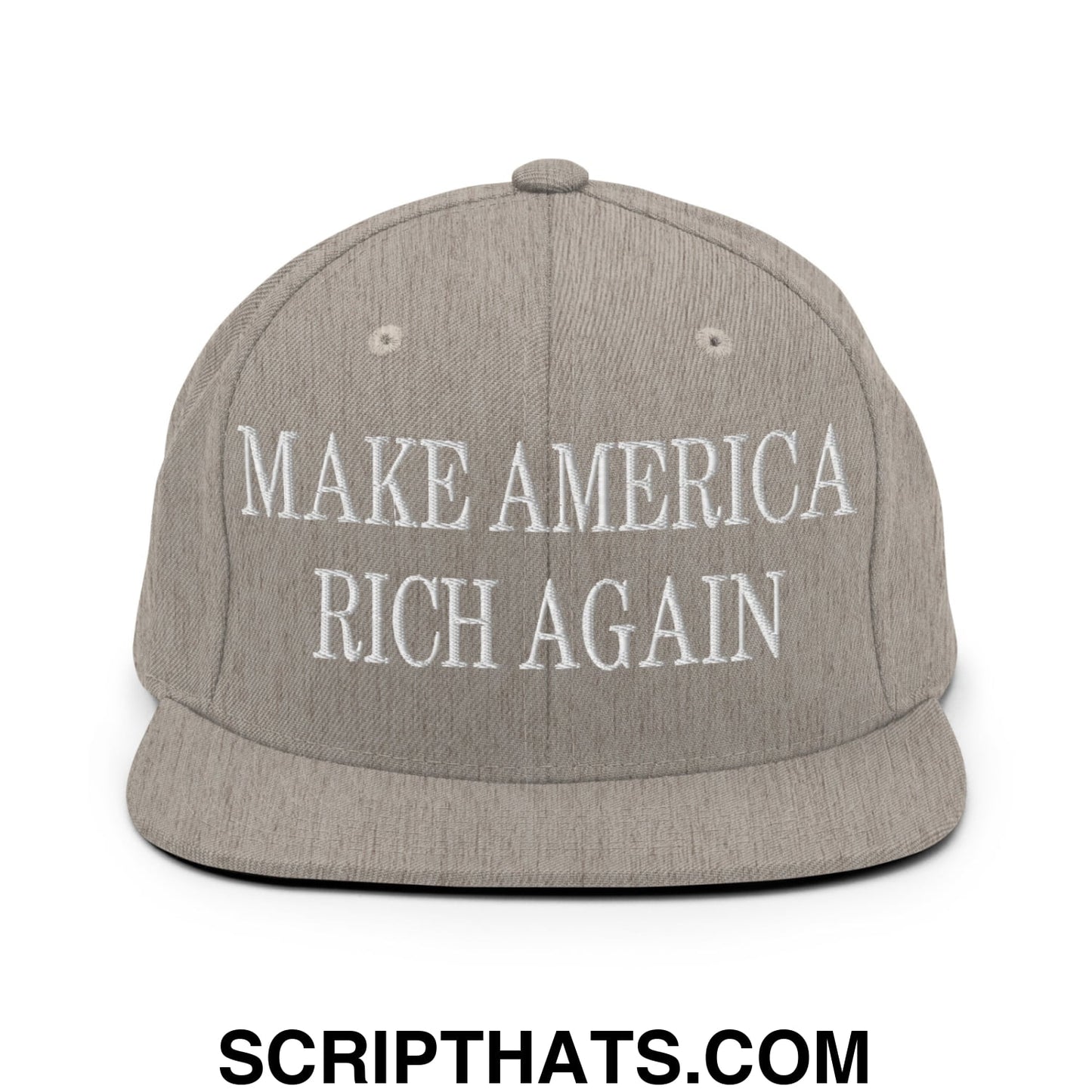 Gray snapback hat with white embroidered make america rich again text and flat bill brim for casual wear