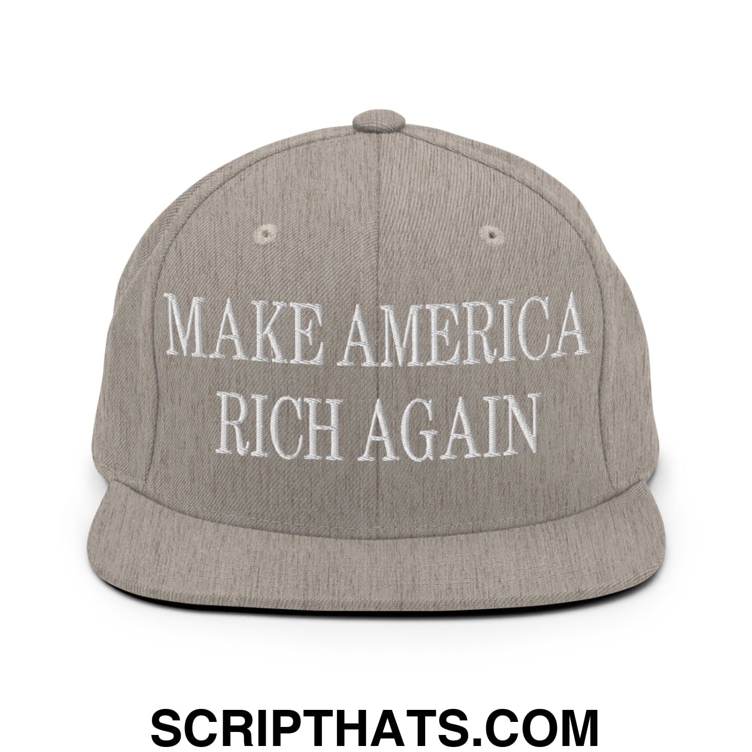 Gray snapback hat with white embroidered make america rich again text and flat bill brim for casual wear
