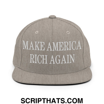 Gray snapback hat with white embroidered make america rich again text and flat bill brim for casual wear