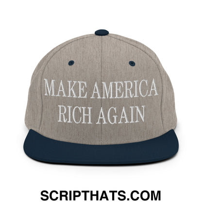 Gray and navy blue snapback hat with white embroidered make america rich again text and flat bill brim design