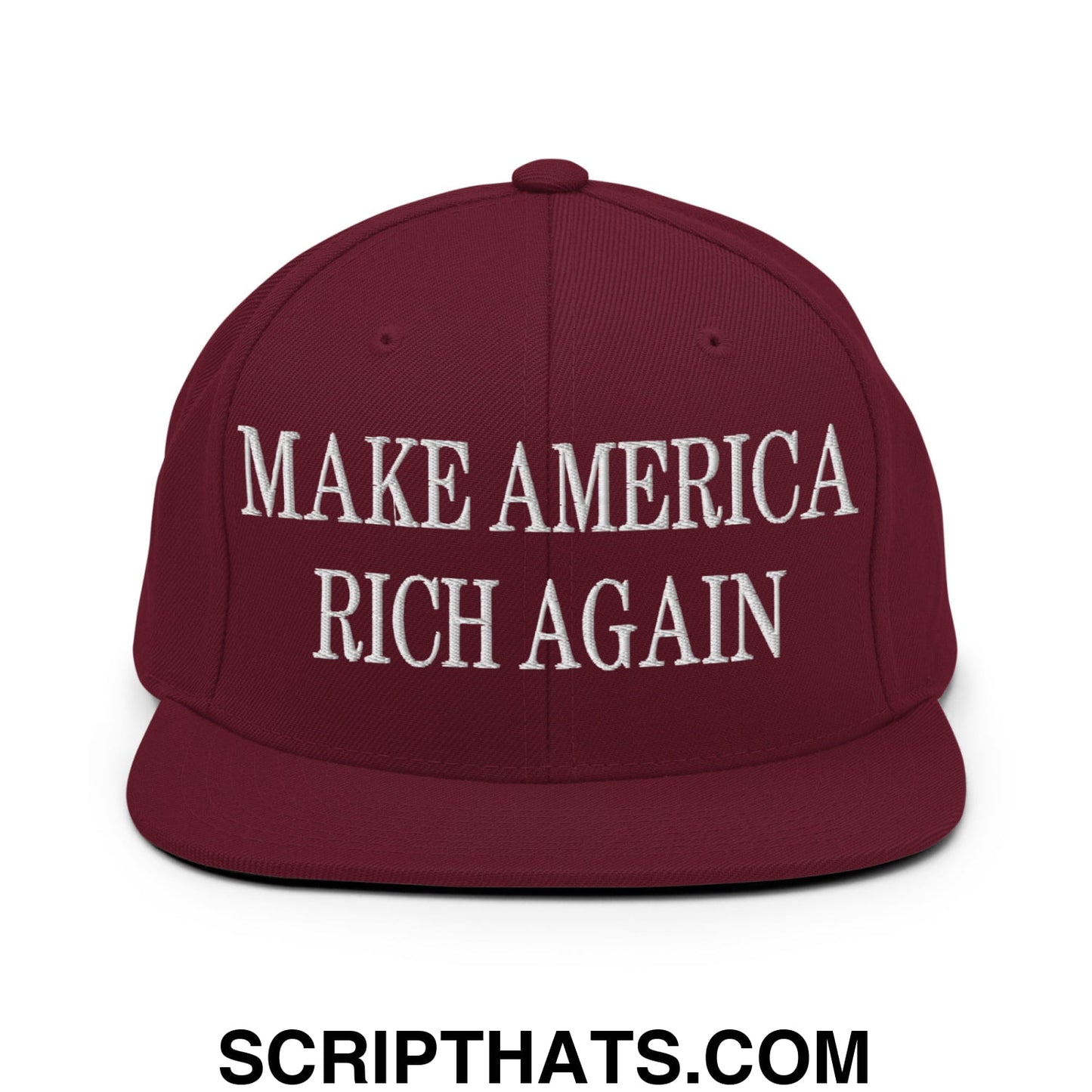 Maroon flat bill brim snapback hat with white embroidered make america rich again text for casual wear