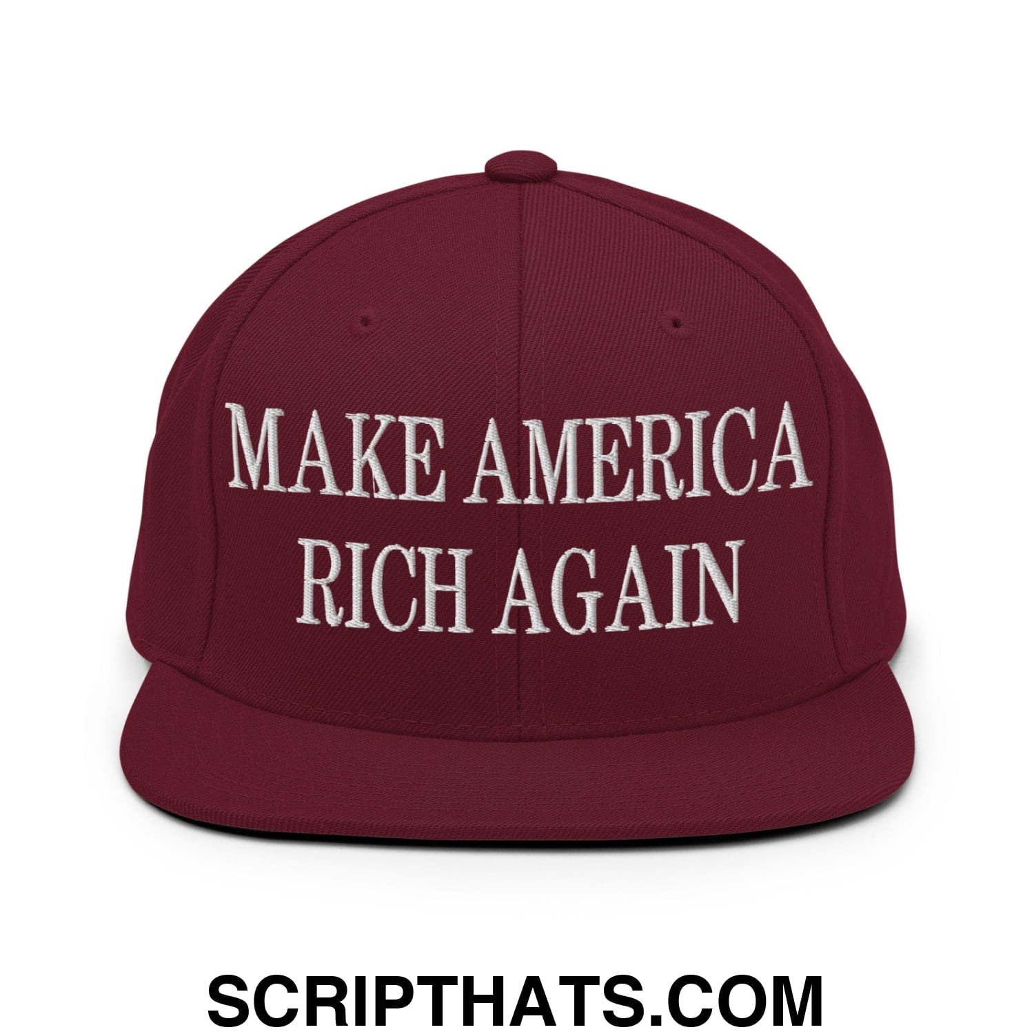 Maroon flat bill brim snapback hat with white embroidered make america rich again text for casual wear