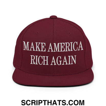 Maroon flat bill brim snapback hat with white embroidered make america rich again text for casual wear