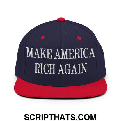 Navy blue and red snapback flat bill brim hat with white embroidered make america rich again text