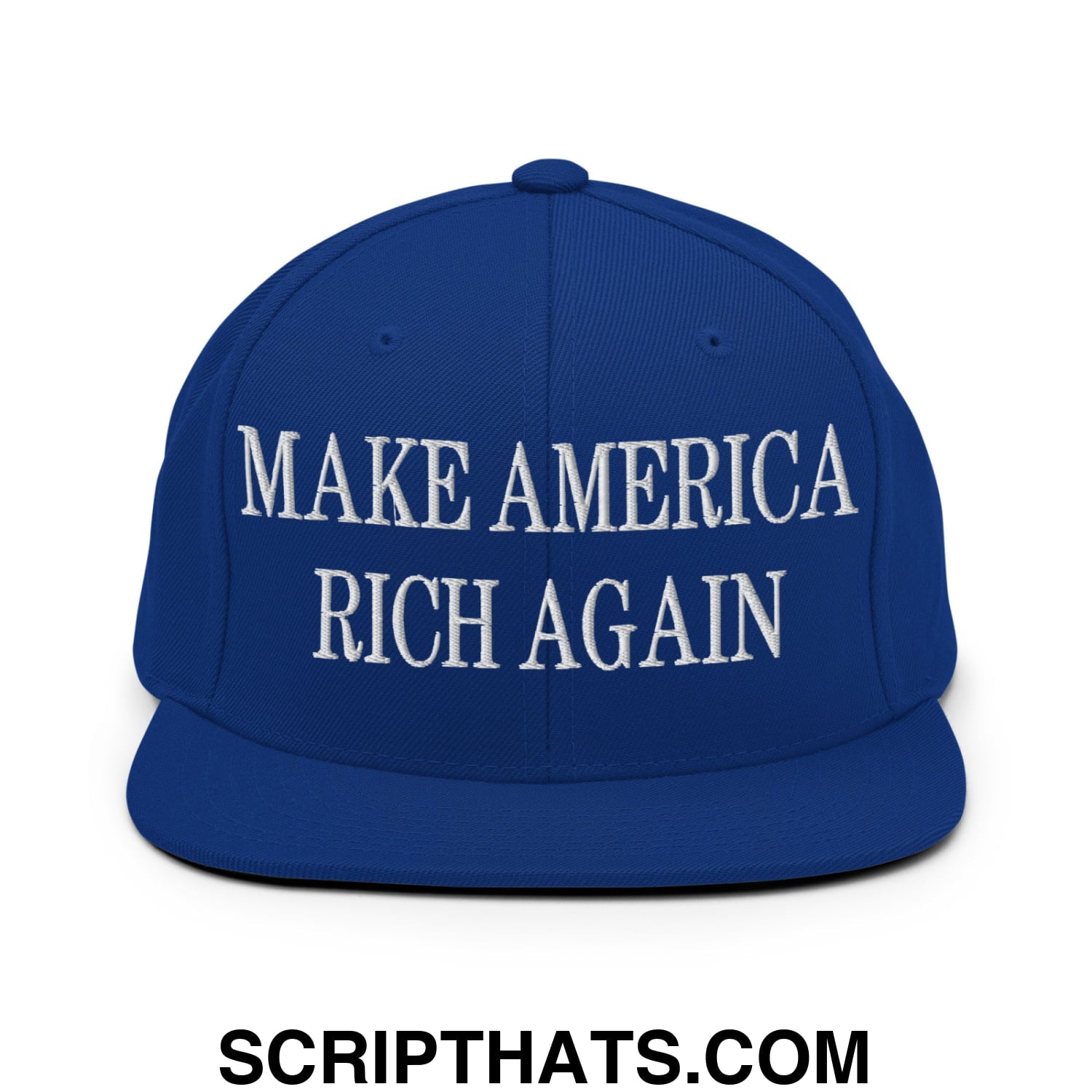 Royal blue snapback hat with white embroidered make america rich again text and flat bill brim design