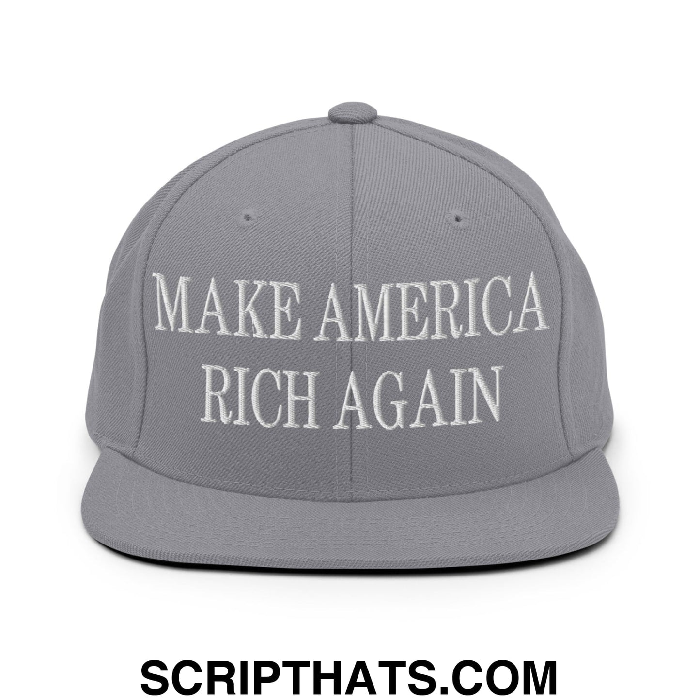 Gray snapback hat with white embroidered make america rich again text and flat bill brim design