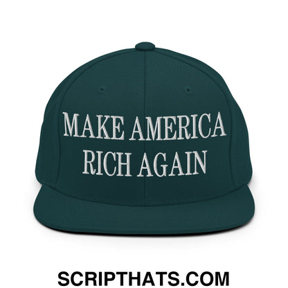 Dark green snapback hat with white embroidered make america rich again text and flat bill brim design
