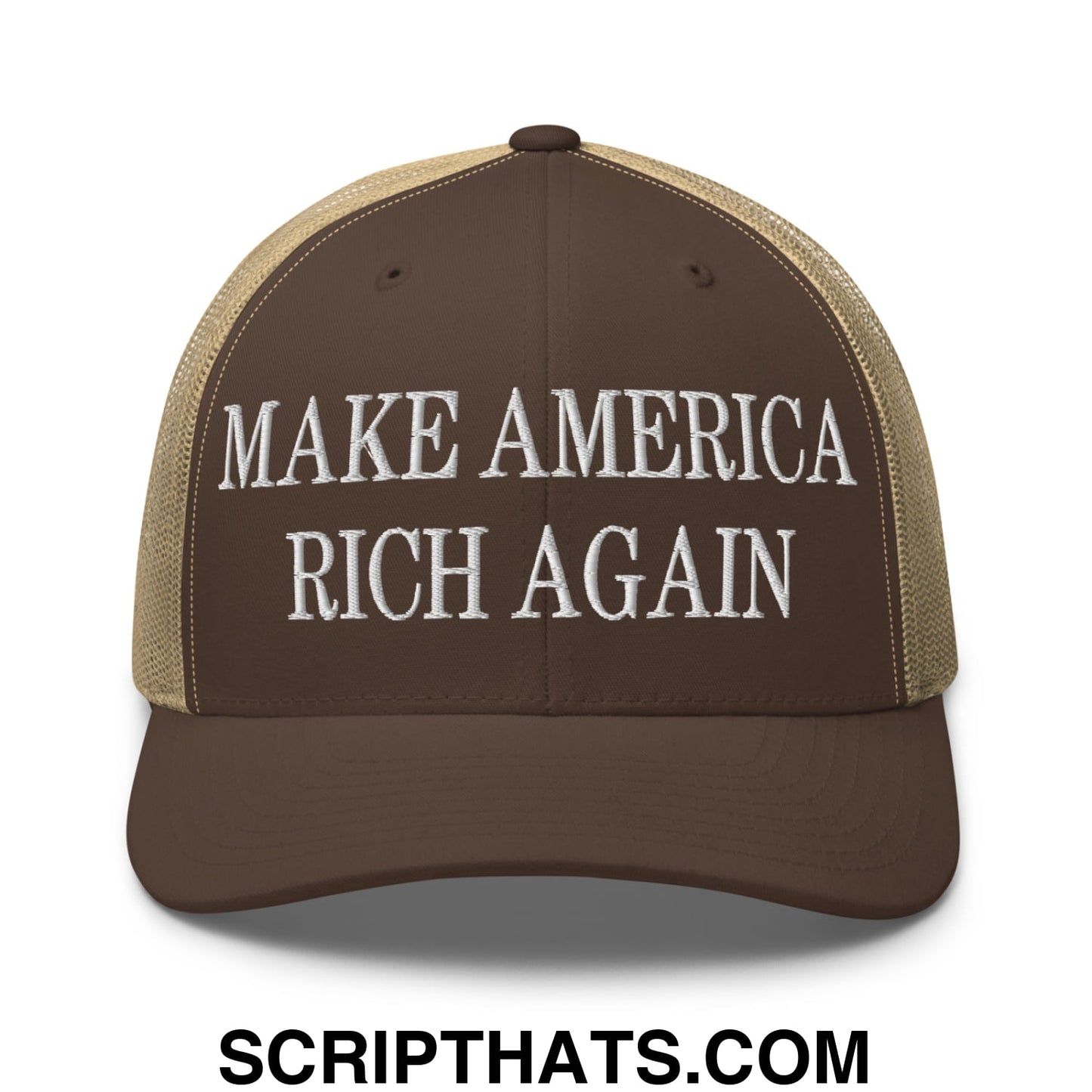 Brown and tan mesh trucker hat with white embroidered make America rich again text on front panel