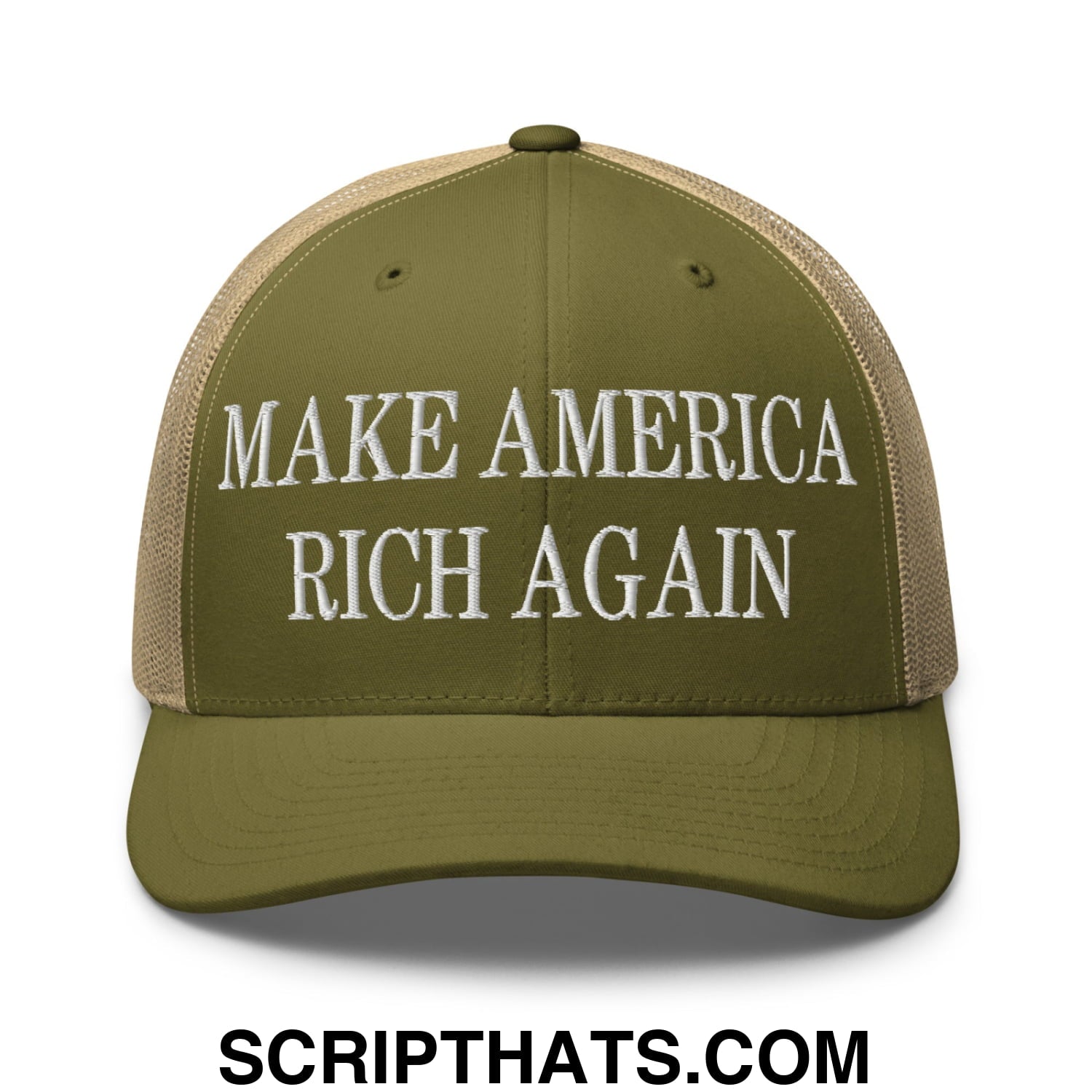 Olive green and beige mesh trucker hat with white embroidered make america rich again text front view