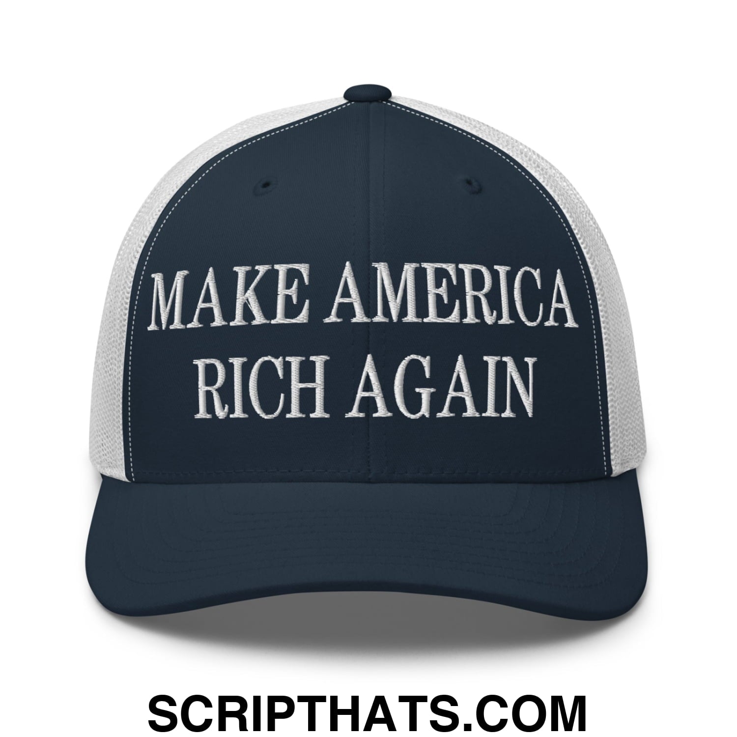 Dark blue and white mesh trucker hat with make America rich again embroidered in bold raised lettering on front