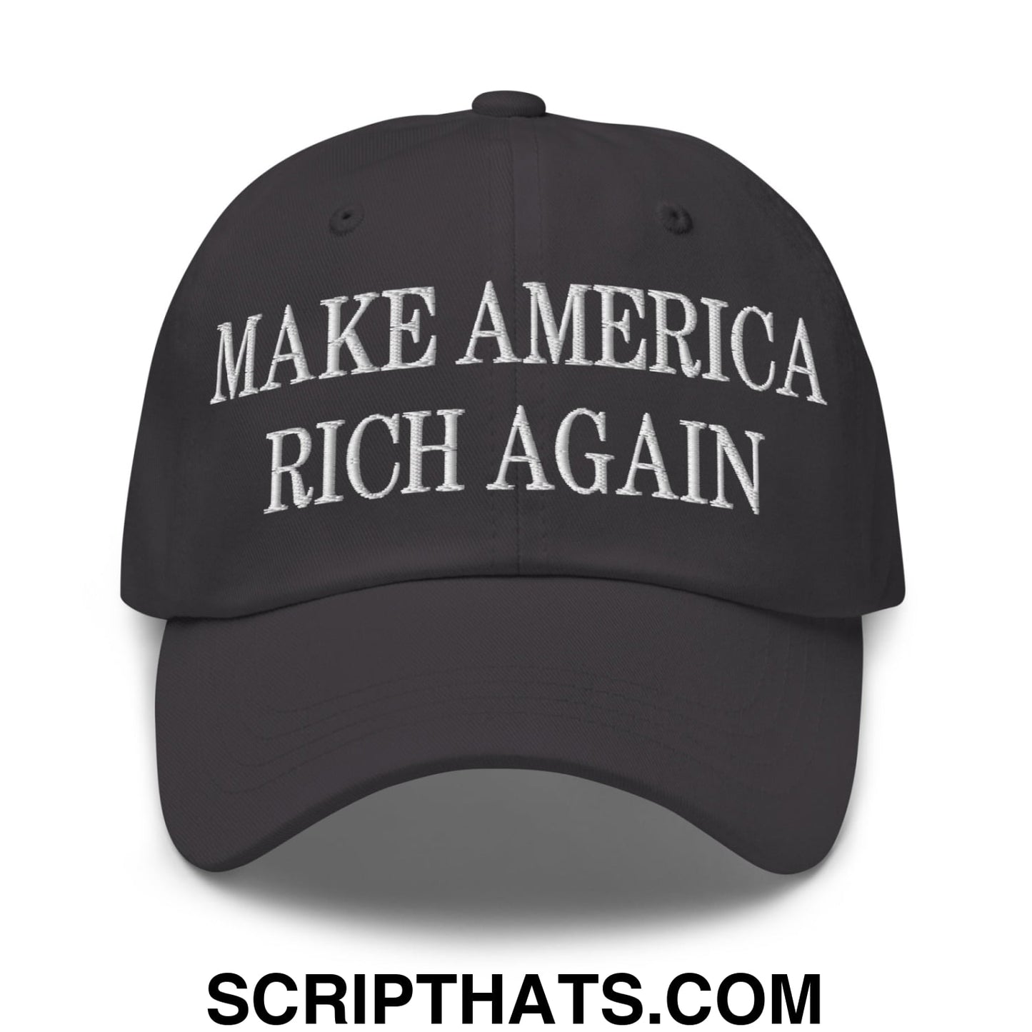 Black embroidered make america rich again text on a black unstructured dad hat baseball cap