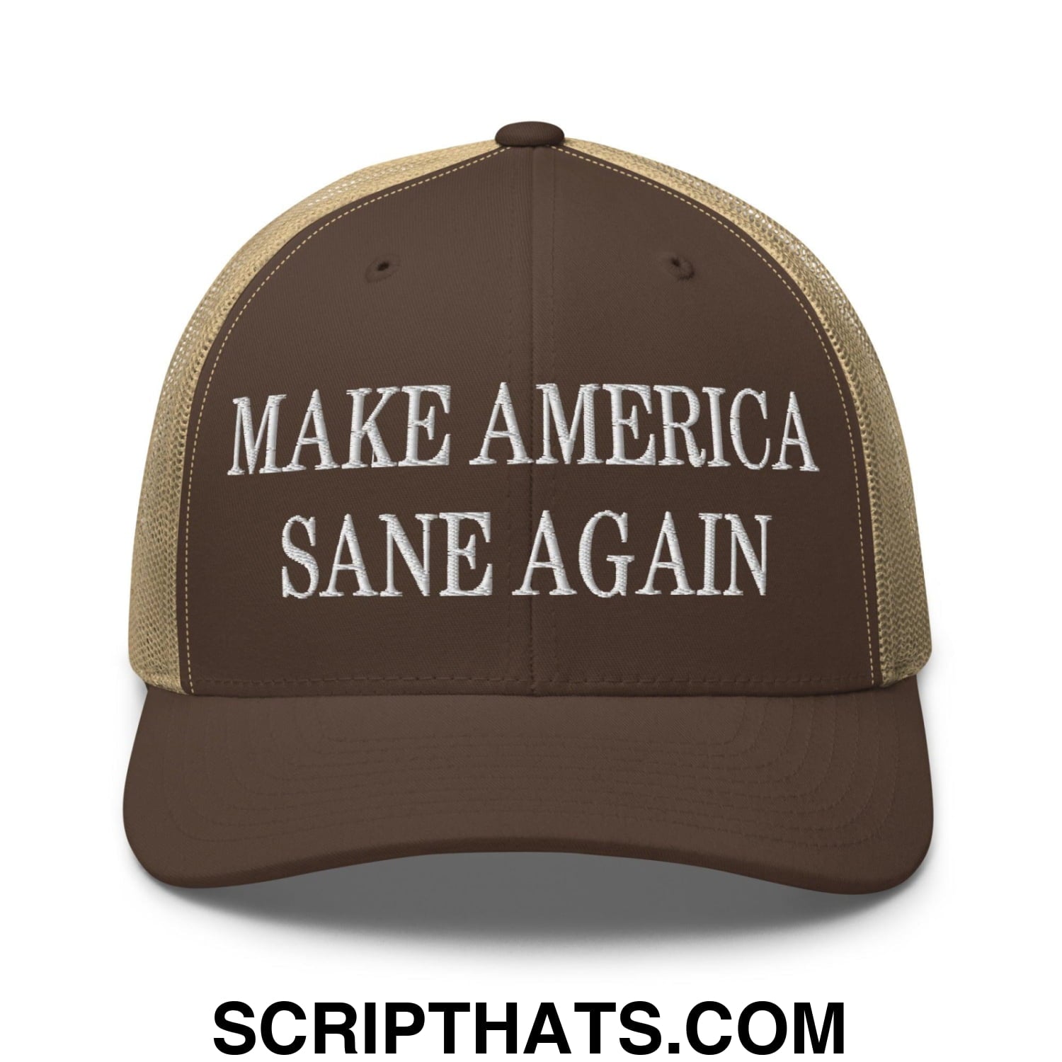 Make America Sane Again Embroidered Mesh Trucker Hat Brown Khaki