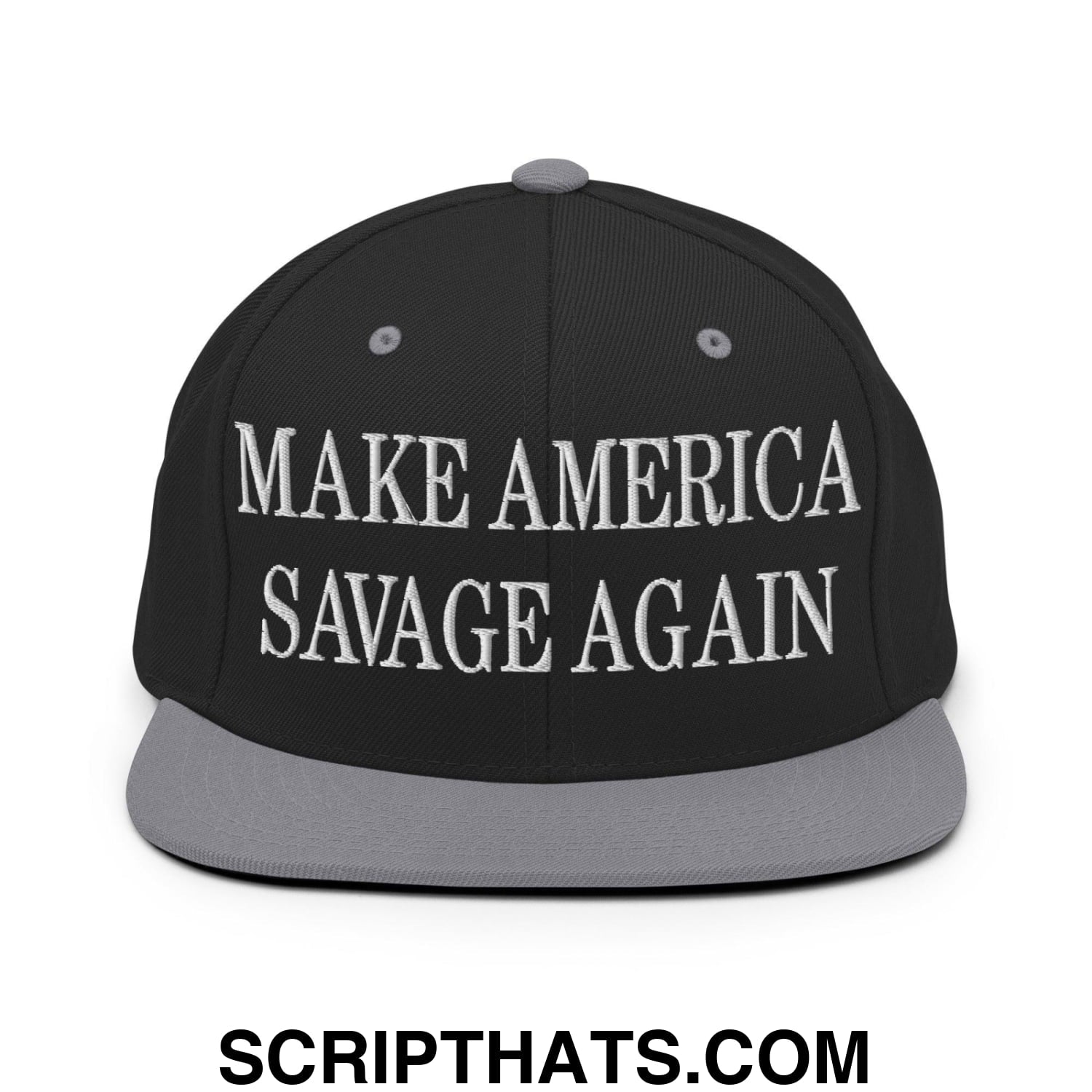 Make America Savage Again Embroidered Flat Bill Brim Snapback Hat Black Silver