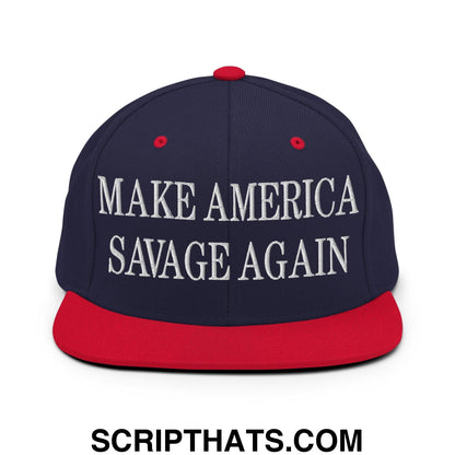 Make America Savage Again Embroidered Flat Bill Brim Snapback Hat Navy Red