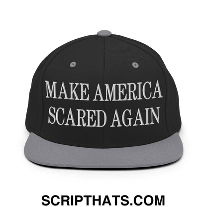 Black snapback cap with gray brim and white embroidered make america scared again text flat bill brim snapback hat