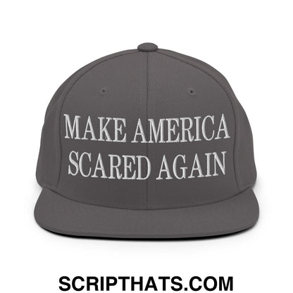 Gray snapback cap with white embroidered make america scared again text and flat bill brim for casual wear