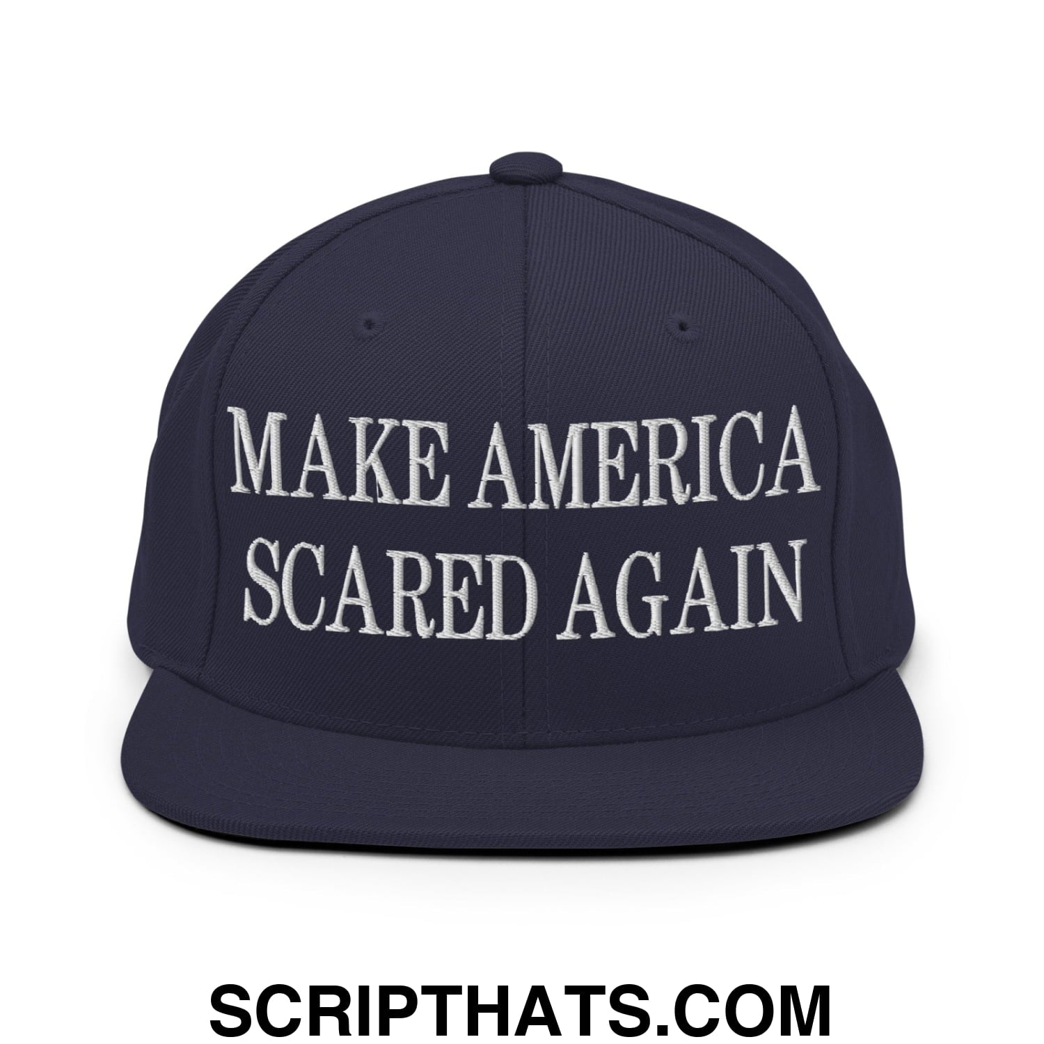 Navy blue snapback hat with white embroidered text make america scared again flat brim for casual wear