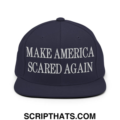 Navy blue snapback hat with white embroidered text make america scared again flat brim for casual wear