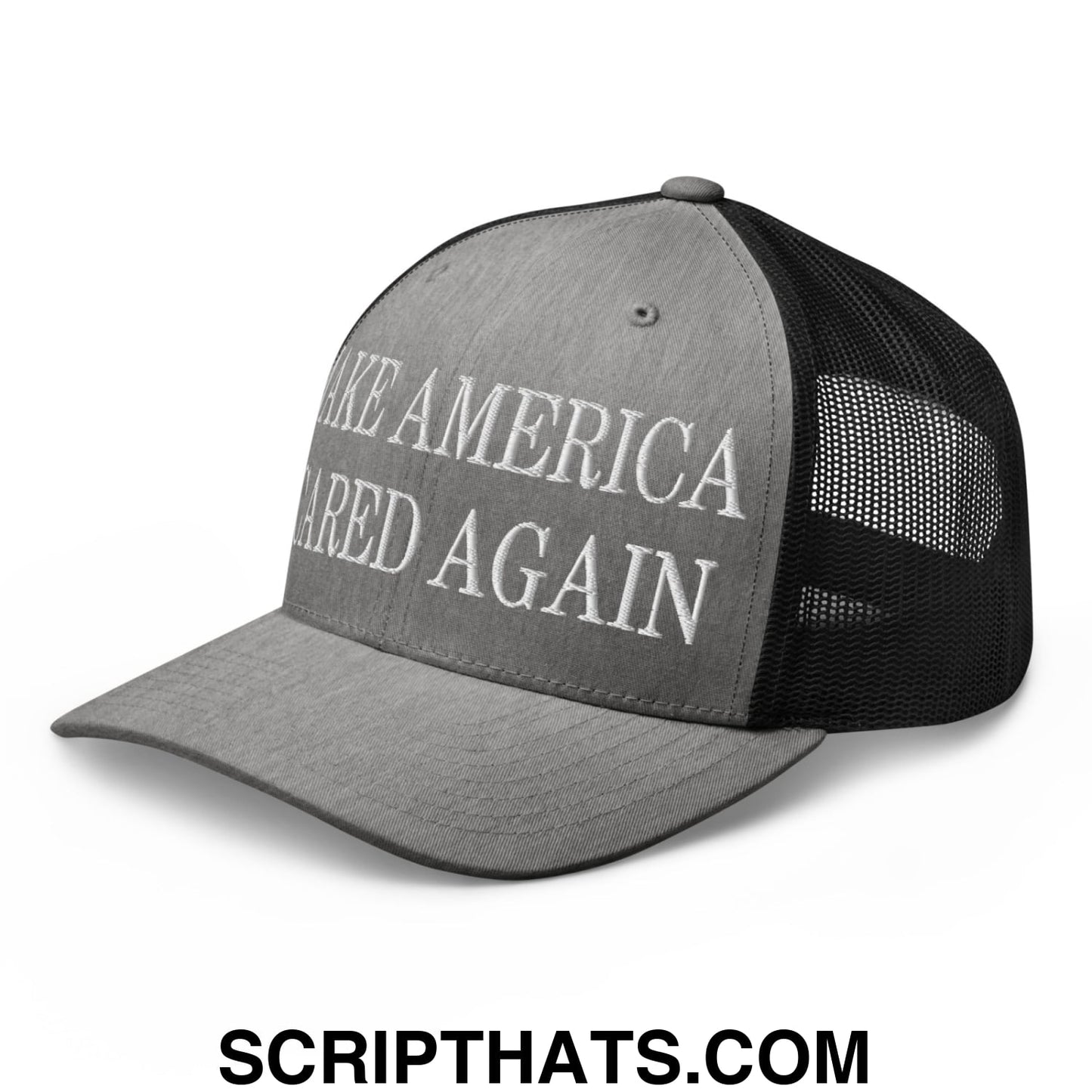 Gray and black mesh trucker hat with make america great again embroidered in white on the front panel