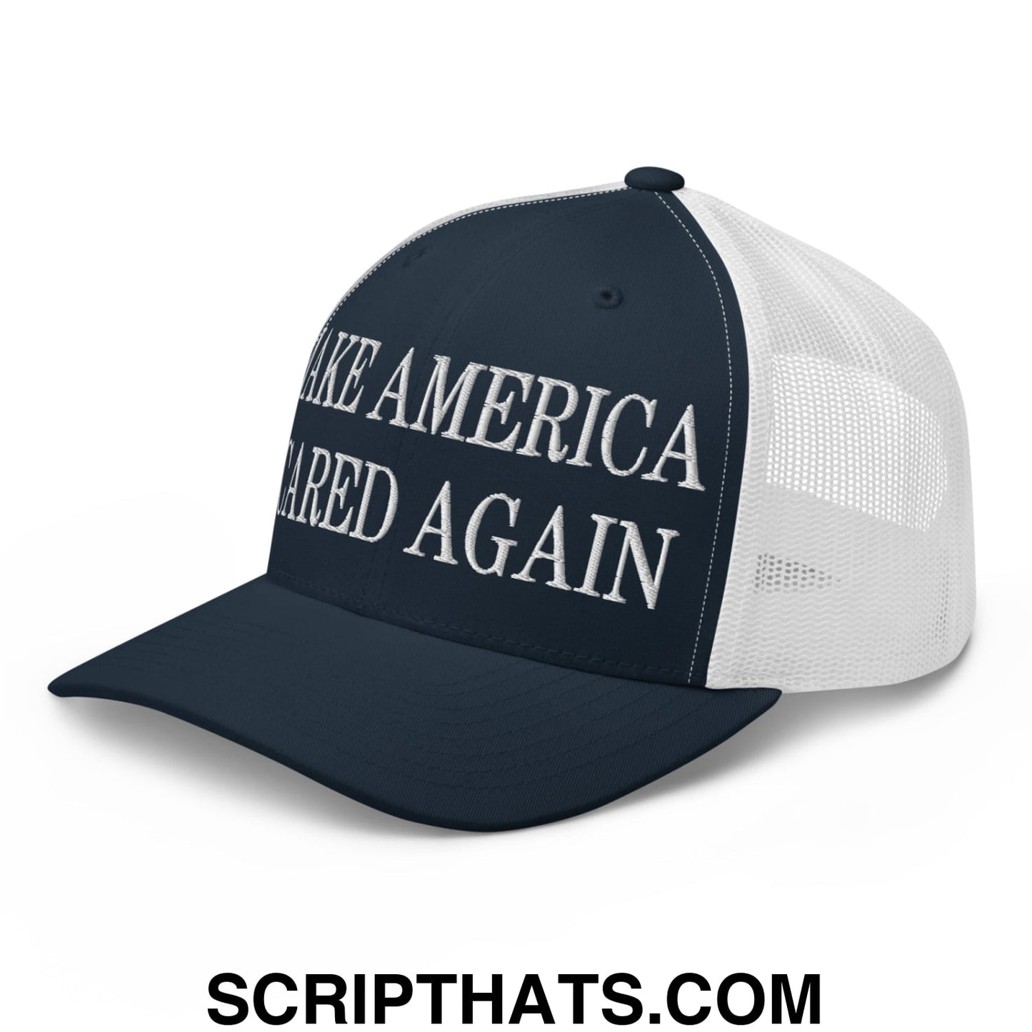 Navy blue and white mesh trucker hat with make america great again embroidered in raised silver thread