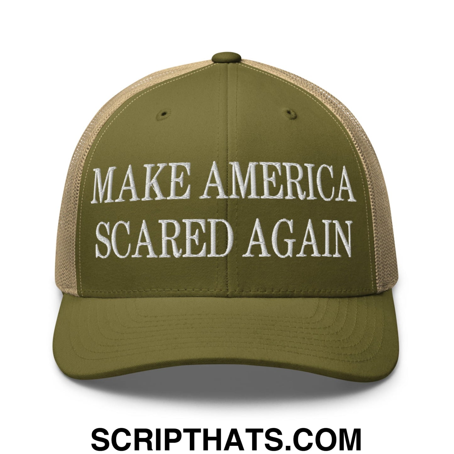 Olive green and tan mesh trucker hat with white embroidered text reading make america scared again