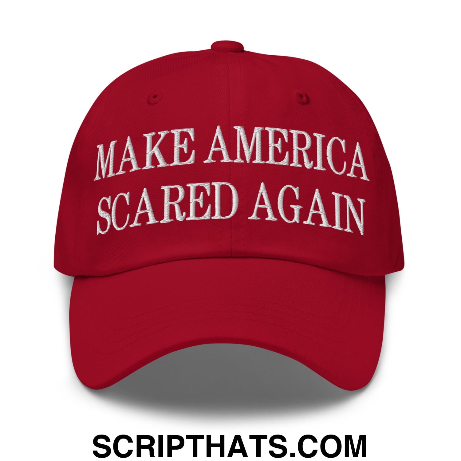 Red unstructured dad hat with white embroidered make america scared again text for casual wear