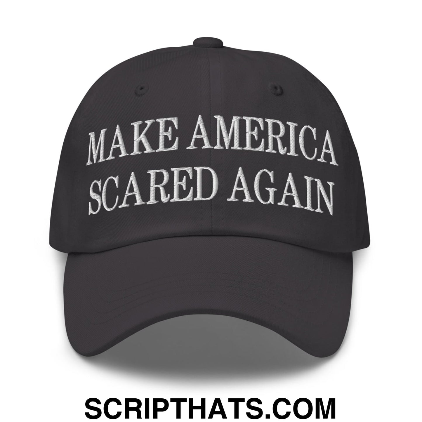 Black embroidered unstructured dad hat with white make America scared again text for casual wear