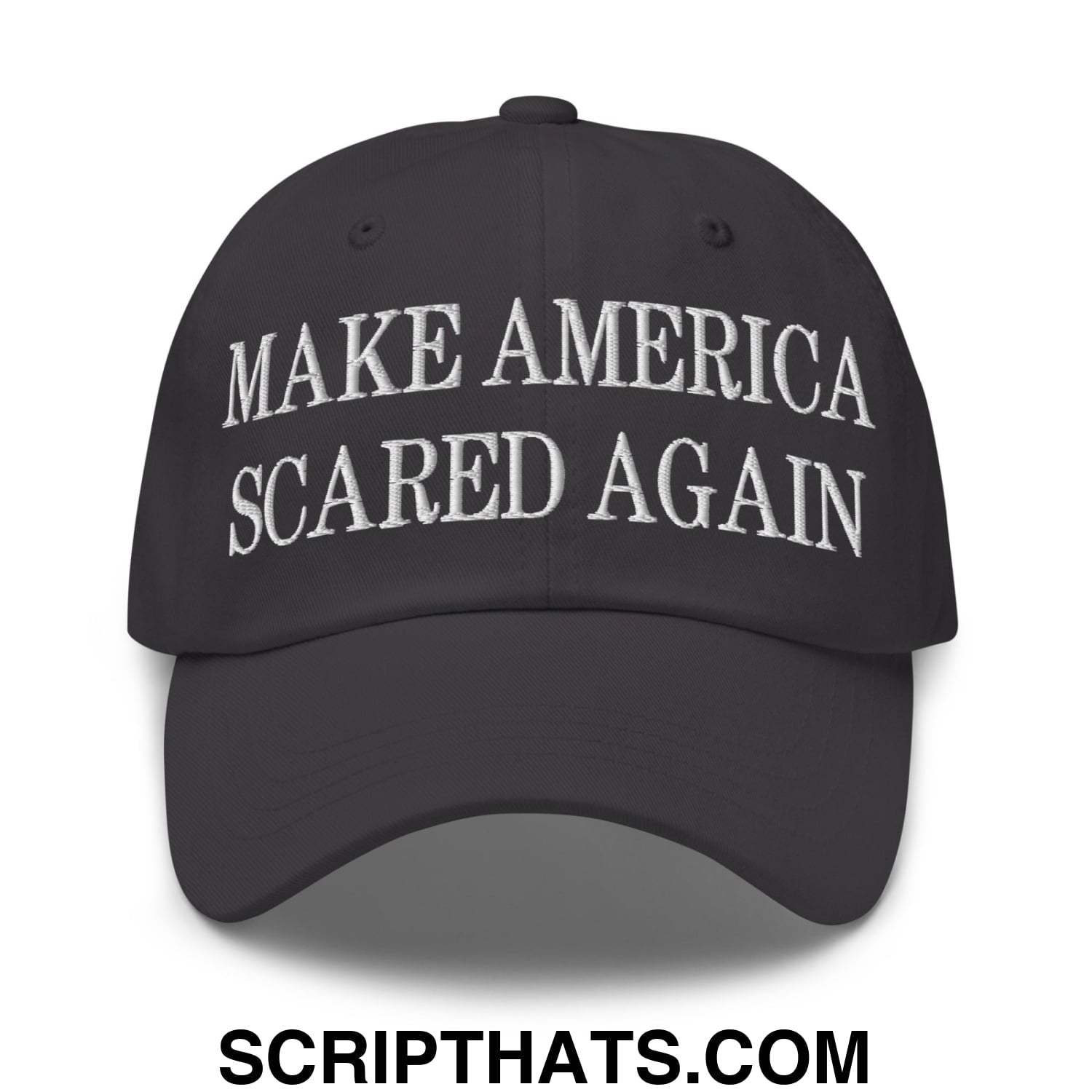 Black embroidered unstructured dad hat with white make America scared again text for casual wear