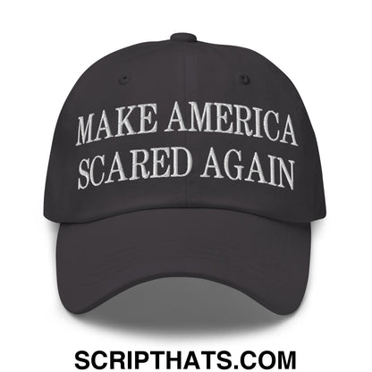 Black embroidered unstructured dad hat with white make America scared again text for casual wear