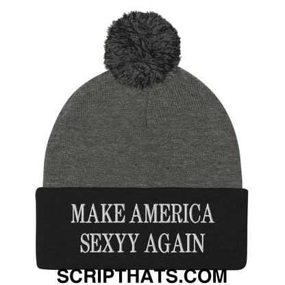 Make America Sexyy Again Embroidered Knit Pom Pom Beanie Dark Heather Grey Black