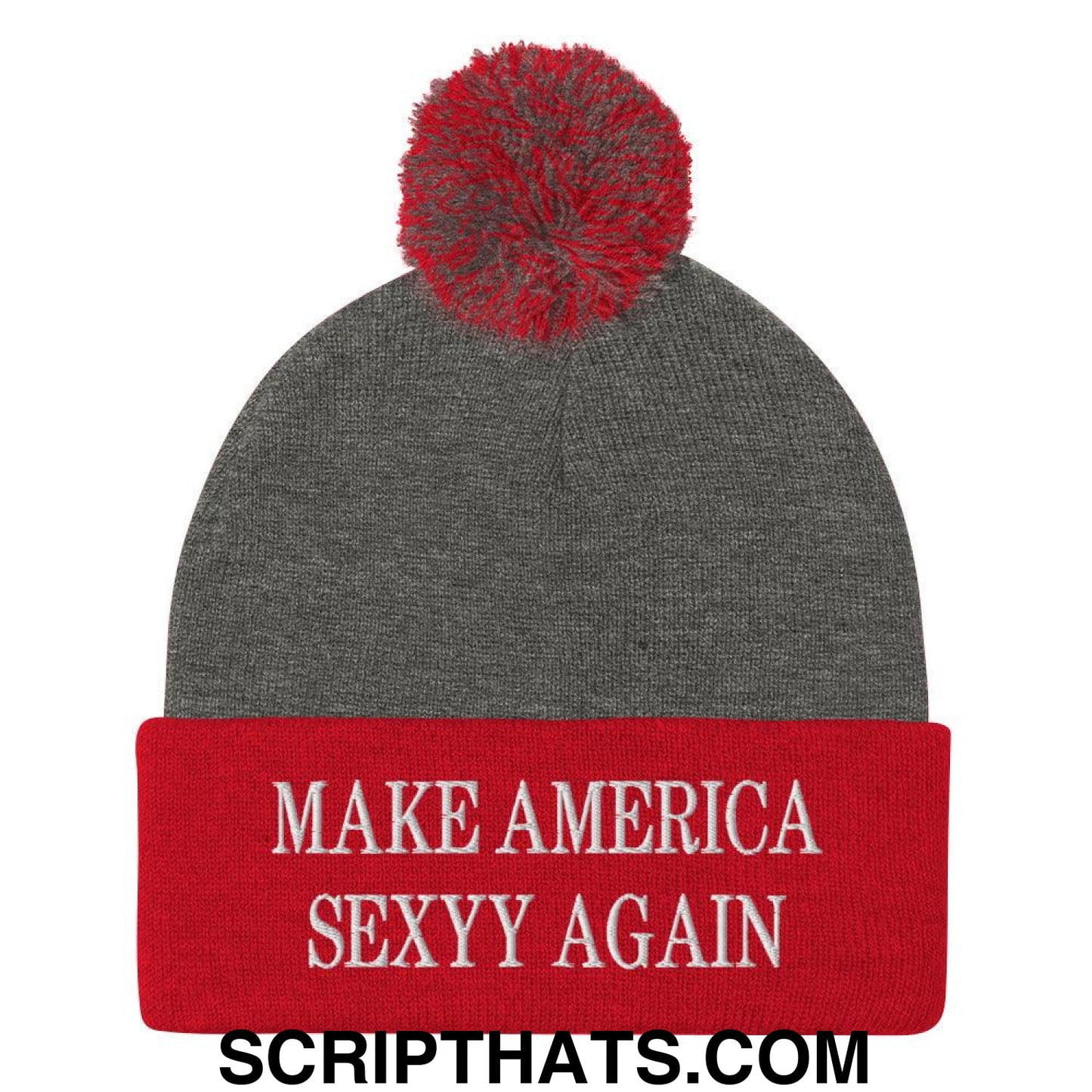 Make America Sexyy Again Embroidered Knit Pom Pom Beanie Dark Heather Grey Red