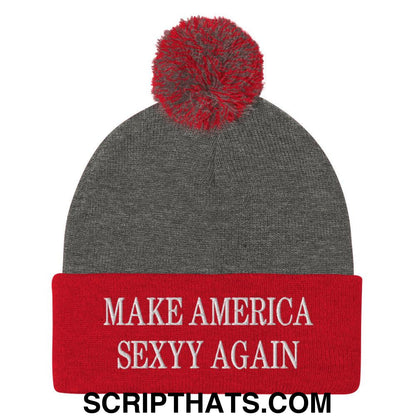 Make America Sexyy Again Embroidered Knit Pom Pom Beanie Dark Heather Grey Red