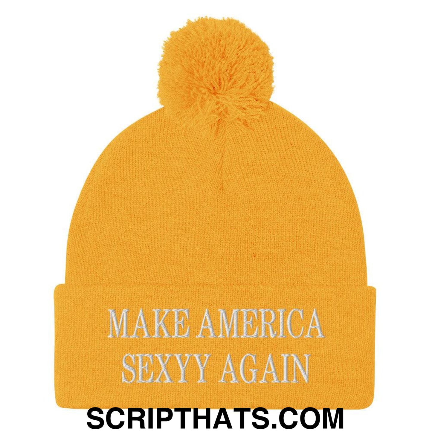 Make America Sexyy Again Embroidered Knit Pom Pom Beanie Gold