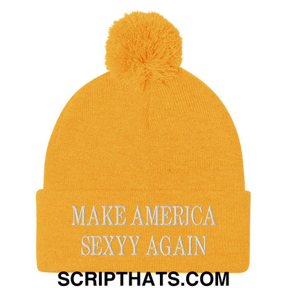 Make America Sexyy Again Embroidered Knit Pom Pom Beanie Gold