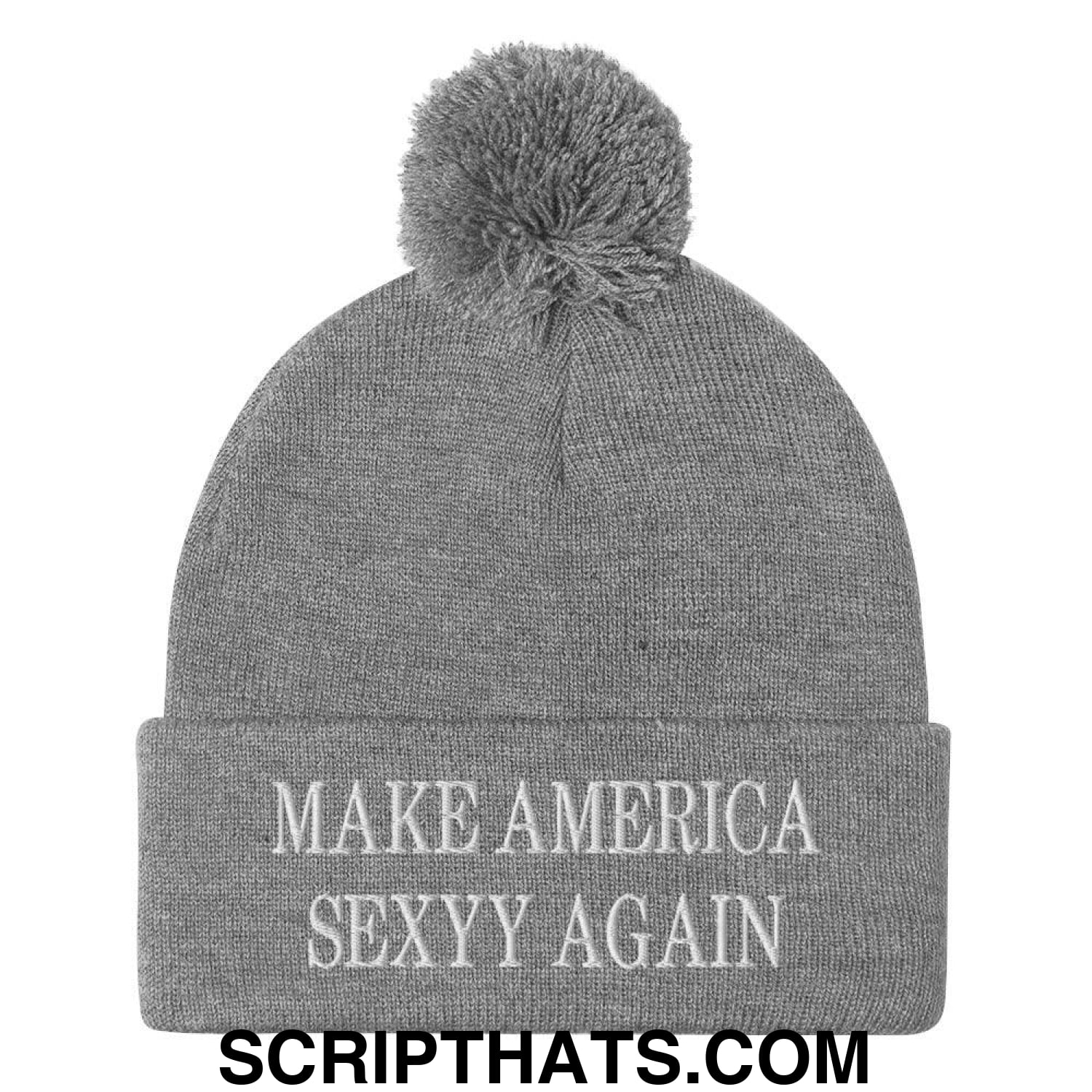 Make America Sexyy Again Embroidered Knit Pom Pom Beanie Heather Grey