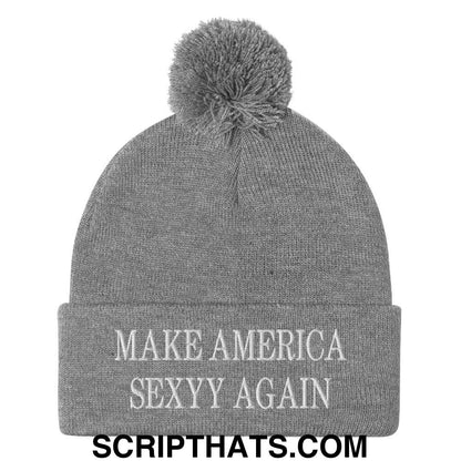 Make America Sexyy Again Embroidered Knit Pom Pom Beanie Heather Grey