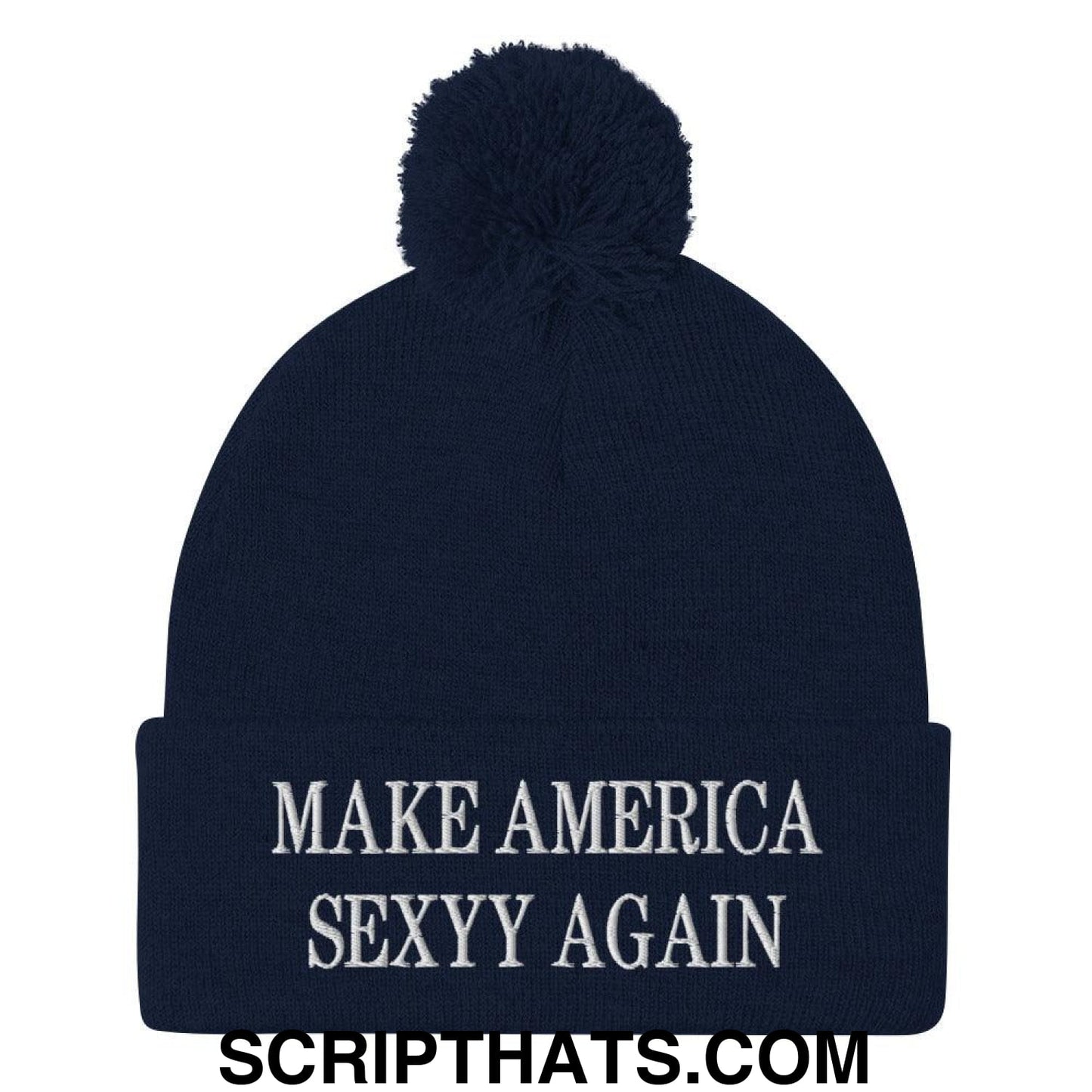Make America Sexyy Again Embroidered Knit Pom Pom Beanie Navy