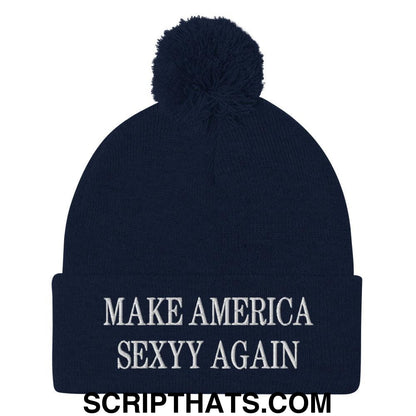 Make America Sexyy Again Embroidered Knit Pom Pom Beanie Navy