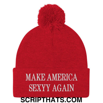 Make America Sexyy Again Embroidered Knit Pom Pom Beanie Red