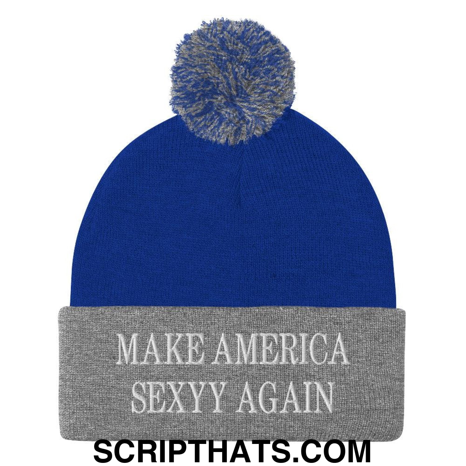 Make America Sexyy Again Embroidered Knit Pom Pom Beanie Royal Heather Grey
