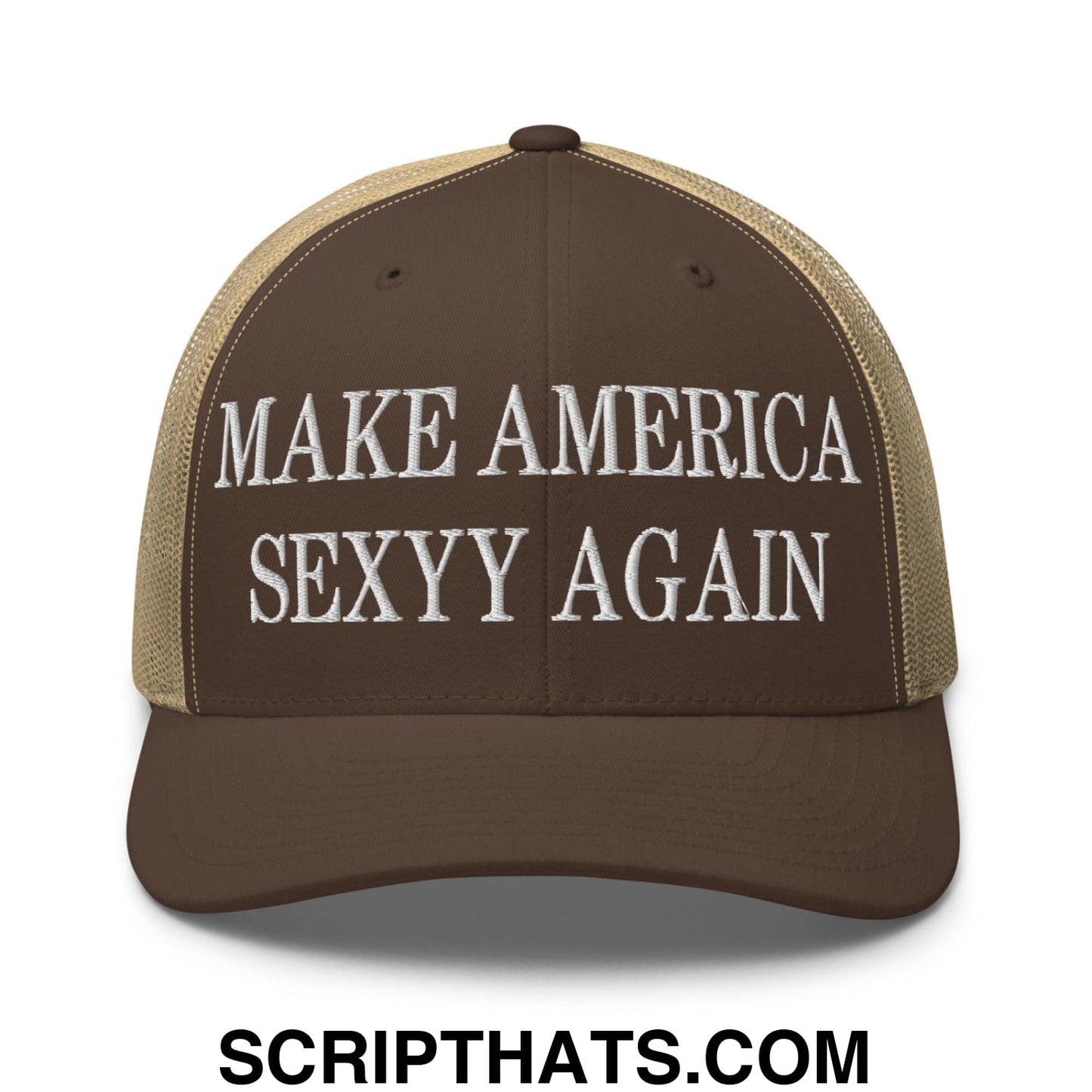 Make America Sexyy Again Embroidered Mesh Trucker Hat Brown Khaki