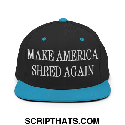 Black snapback cap with teal brim and white embroidered make america shred again text flat bill brim design