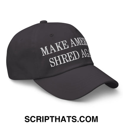 Black unstructured dad hat with white embroidered make america shred again text perfect for casual wear