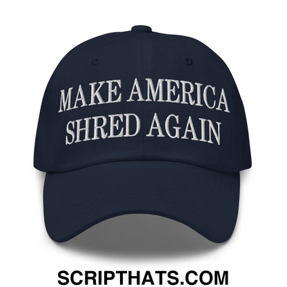 Navy blue embroidered unstructured dad hat with white make america shred again text for casual wear