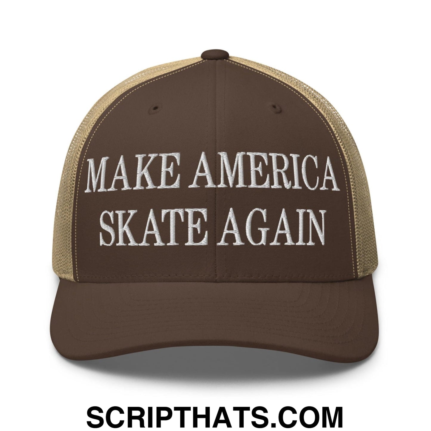 Make America Skate Again Embroidered Mesh Trucker Hat Brown Khaki