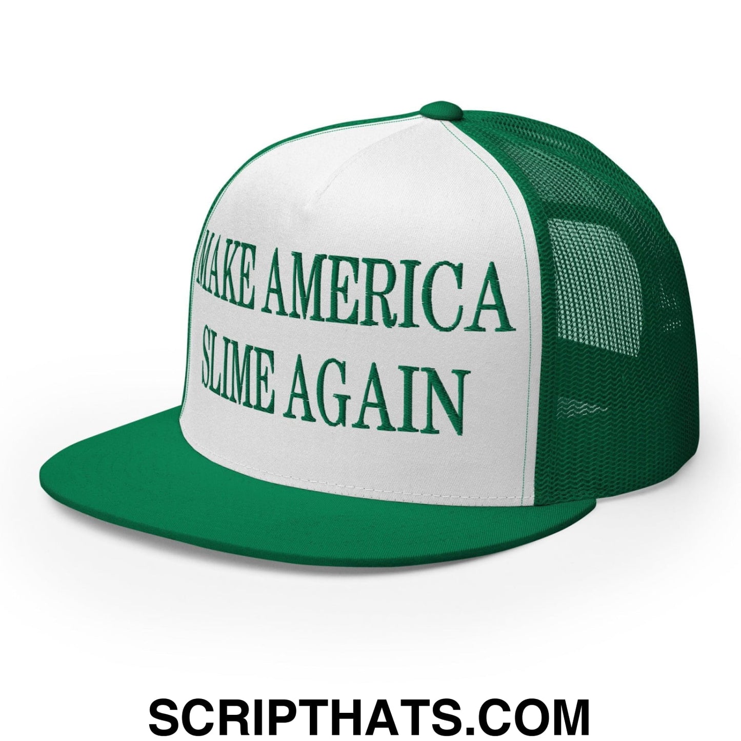 Make America Slime Again Embroidered Flat Bill Brim Trucker Hat Kelly White Kelly