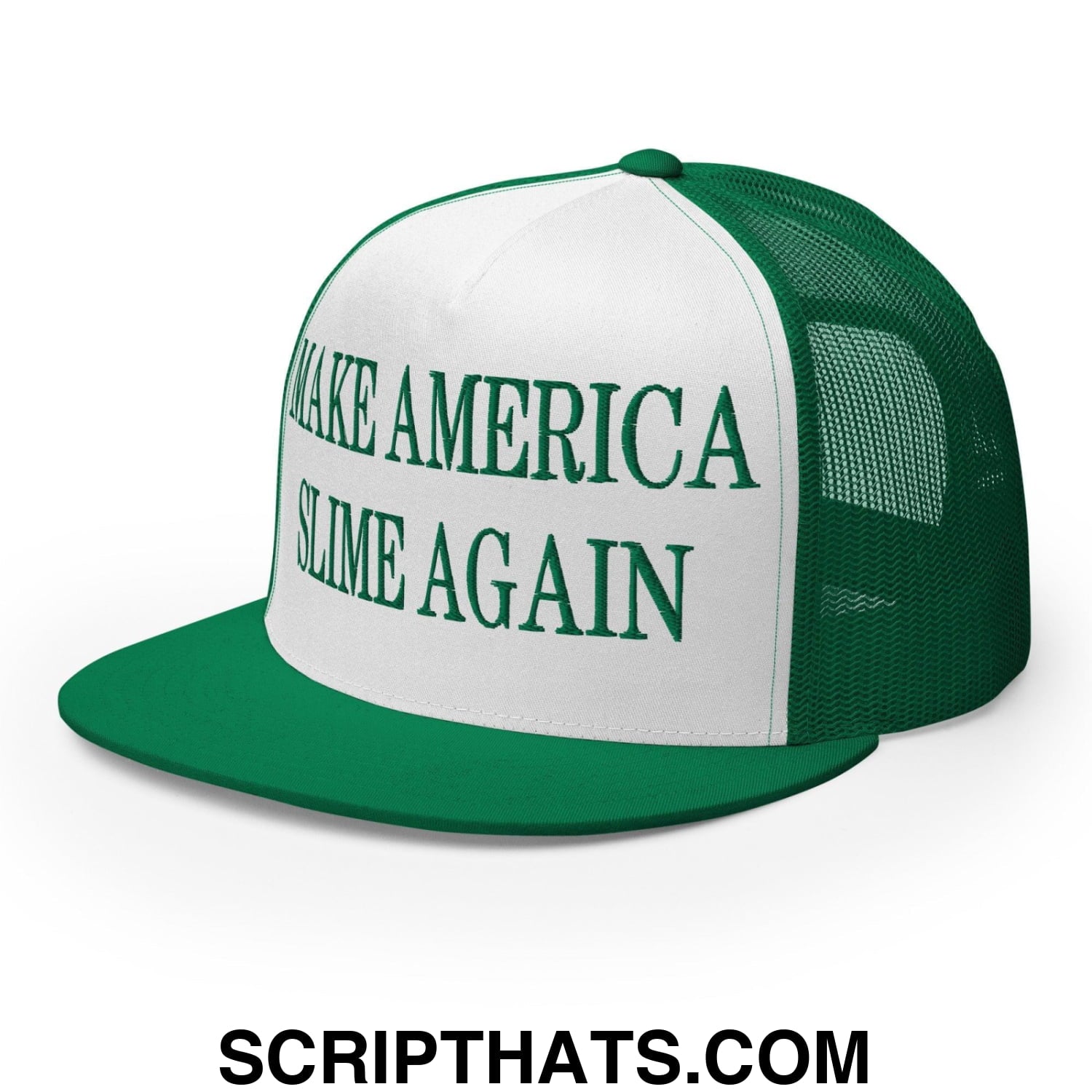 Make America Slime Again Embroidered Flat Bill Brim Trucker Hat Kelly White Kelly