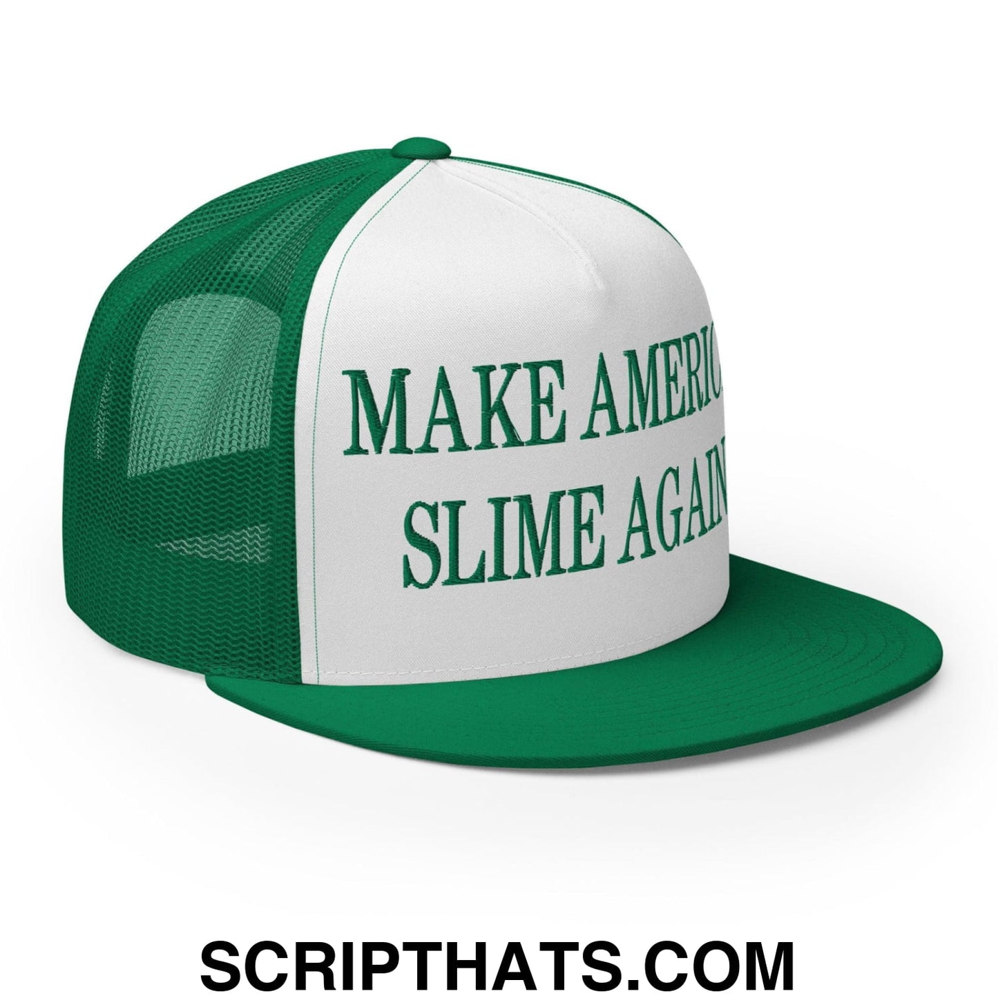 Make America Slime Again Embroidered Flat Bill Brim Trucker Hat Kelly White Kelly