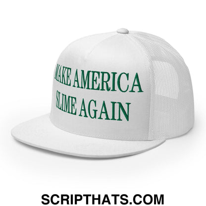 Make America Slime Again Embroidered Flat Bill Brim Trucker Hat White